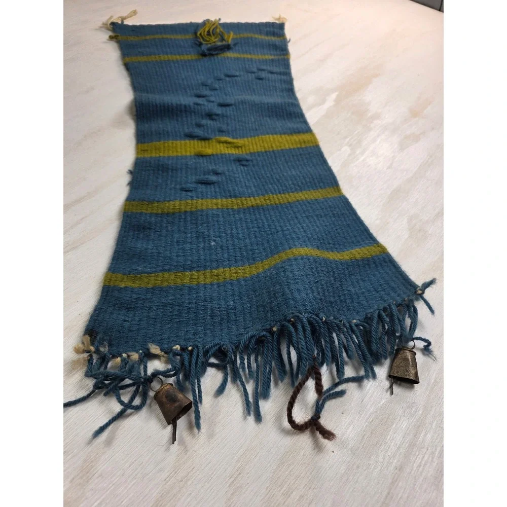 Vintage Handwoven Wool Wall Hanging Blue Yellow Boho Western Decor with Bells